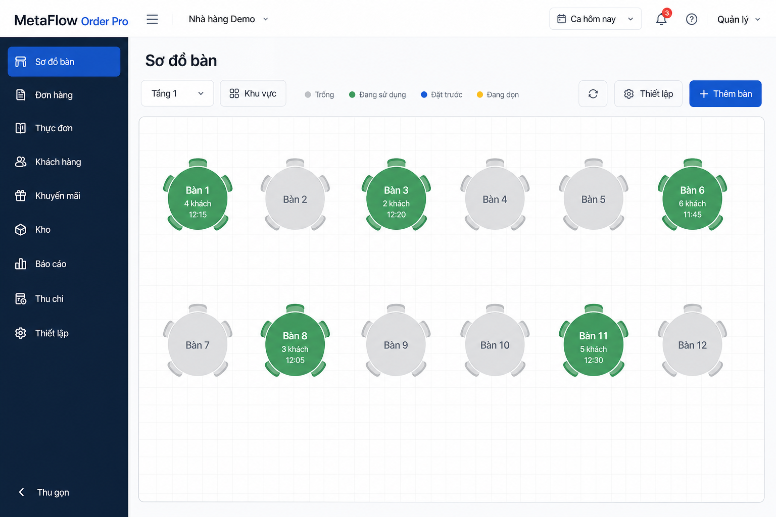 Giao diện MetaFlow Order Pro — sơ đồ bàn nhà hàng tại Tây Ninh